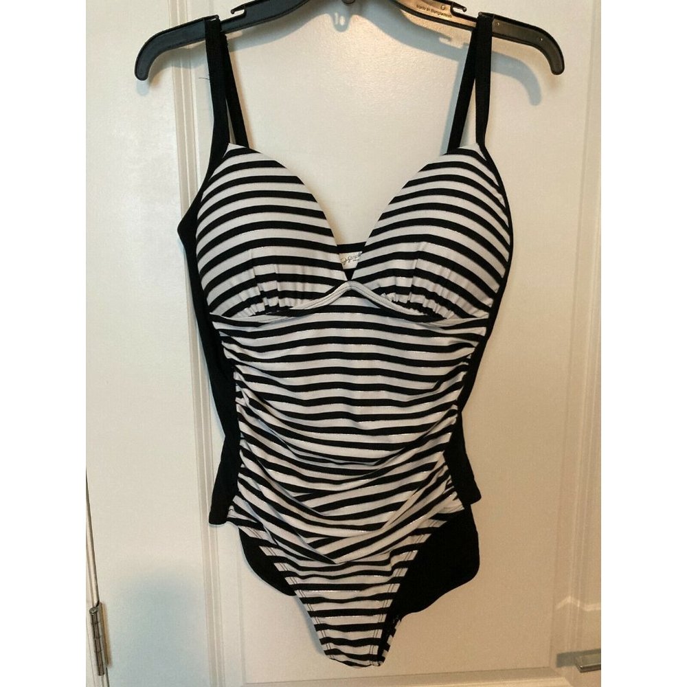 VINTAGE JACLYN SMITH BLACK & WHITE STRIPED SWIMSUIT - SZ 14 (pe)